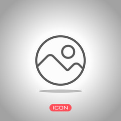 Simple picture icon. Linear symbol, thin outline. Icon under spotlight. Gray background