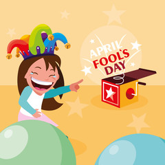 happy girl with joker hat and surprise box april fools day card