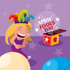 happy girl with joker hat and surprise box april fools day card