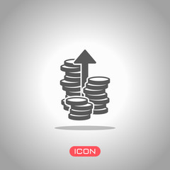 Coins stack, finance grow, up arrow. Icon under spotlight. Gray background