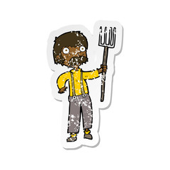 retro distressed sticker of a cartoon farmer with pitchfork