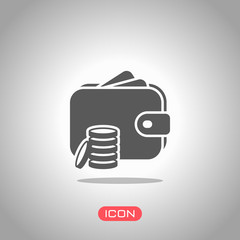 Wallet and coins, Purse with money. Icon under spotlight. Gray background
