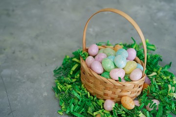 Multi colored speckled jelly beeans eggs/ Easter background