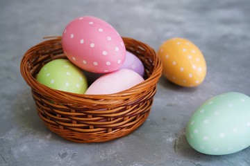 Multi clored  Polka dots Easter eggs in a basket