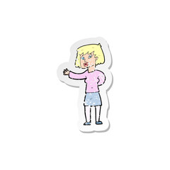 retro distressed sticker of a cartoon woman explaining