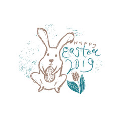 Happy Easter 2019. Vector illustration imitating pencil drawing. Easter bunny, inscription and easter egg.