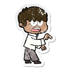 distressed sticker of a worried cartoon boy