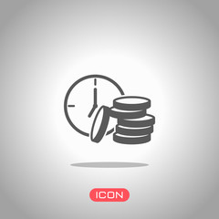 Time is money. Clock and coin stack. Finance icon. Icon under spotlight. Gray background