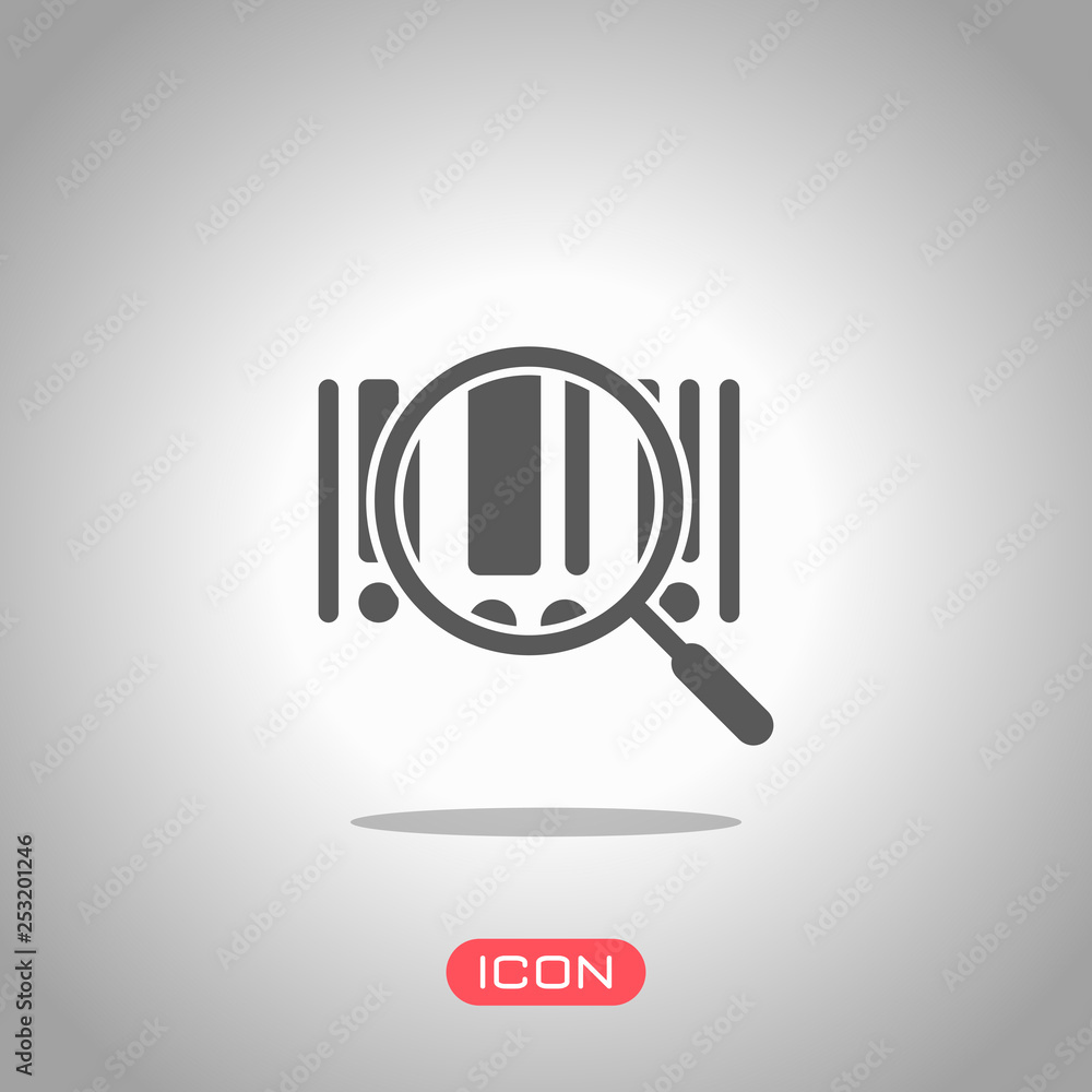 Poster bar code and magnifying glass. simple icon. icon under spotlight. gray background