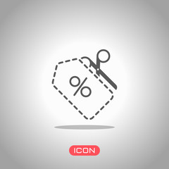 Scissors and Sale label. Simple icon. Icon under spotlight. Gray background
