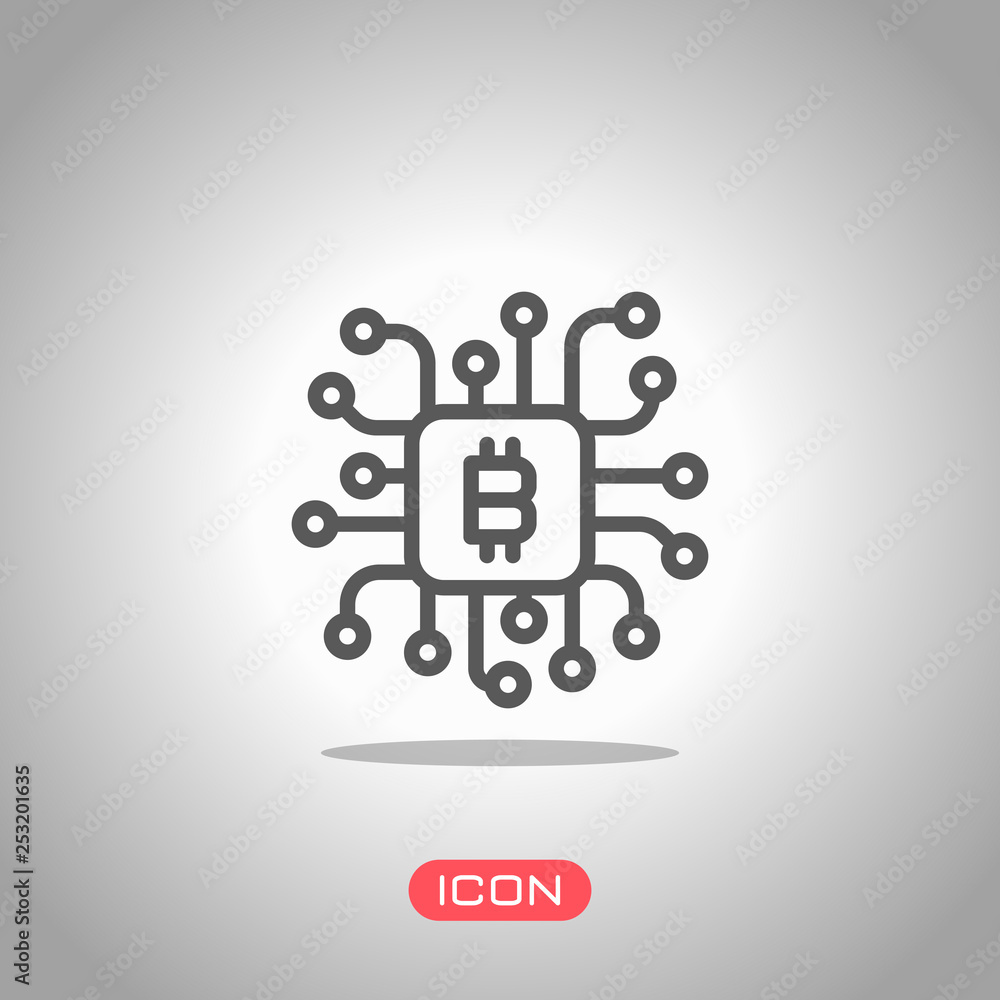 Poster linear bitcoin chip icon. processor for farming. icon under spotlight. gray background