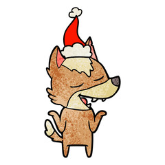 textured cartoon of a wolf laughing wearing santa hat