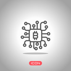 Linear bitcoin chip icon. Processor for farming. Icon under spotlight. Gray background