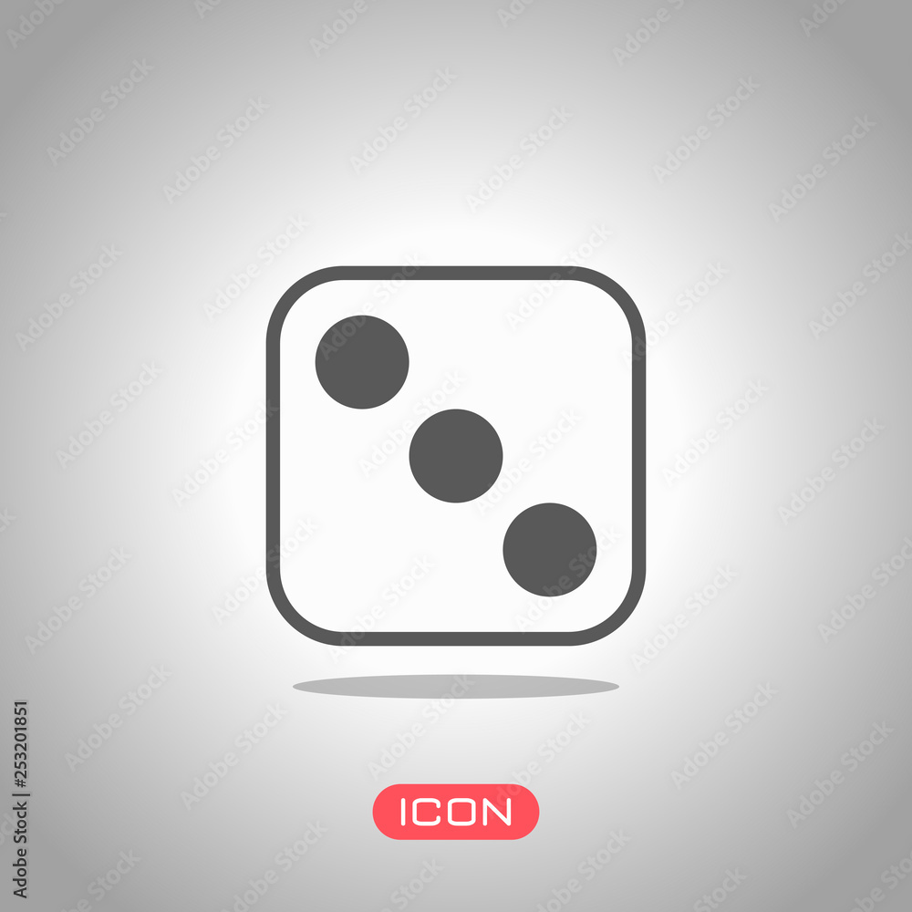 Poster one dice with number three on visible side. icon of casino games. icon under spotlight. gray backgro