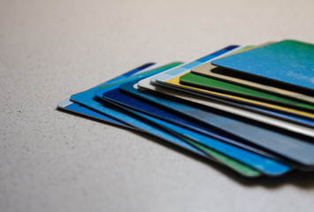 Stack of credit cards closeup.