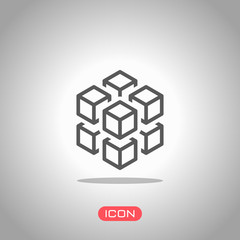 3d cube with eight blocks. Icon of rubik or ice pieces. Icon under spotlight. Gray background