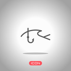 Fishing logo, fish and hook. One line icon, linear symbol. Icon under spotlight. Gray background