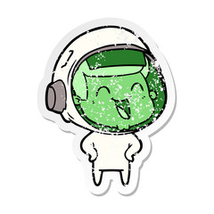 distressed sticker of a happy cartoon astronaut