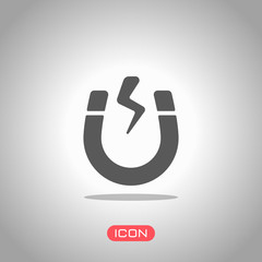 Magnet icon, sign of electromagnetic, silhouette of horseshoe, positive and negative energy. Icon under spotlight. Gray background