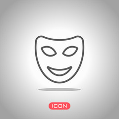 Smile mask of theatre, face with happy emotion, sign of comedy. Linear outline icon. Icon under spotlight. Gray background