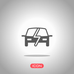 Eco logo of electric car with lightning mark, technology icon. Icon under spotlight. Gray background