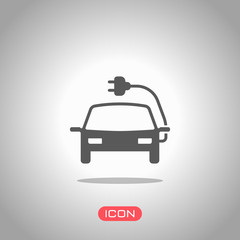 Eco logo of electric car with lightning mark, technology icon. Icon under spotlight. Gray background
