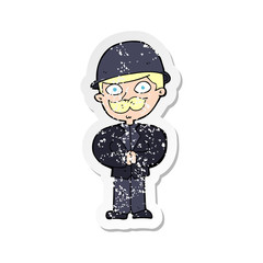 retro distressed sticker of a cartoon man in bowler hat