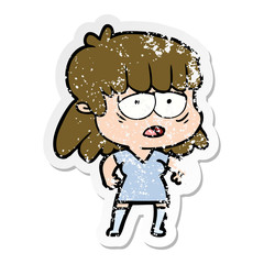 distressed sticker of a cartoon tired woman