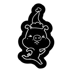 cartoon icon of a annoyed pig running wearing santa hat