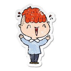 distressed sticker of a cartoon happy boy surprised