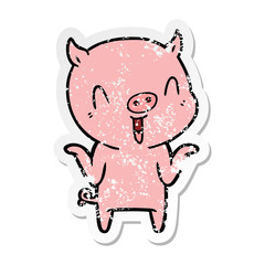 distressed sticker of a happy cartoon pig