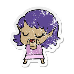 distressed sticker of a happy cartoon elf girl