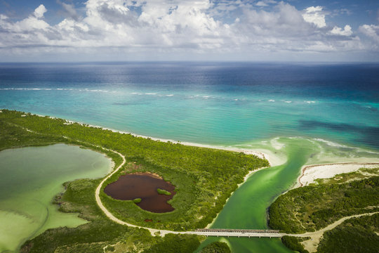 Tulum beach drone aerial with lagoon