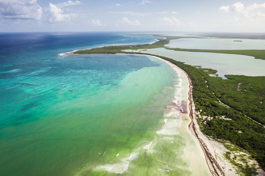 Tulum turquoise beach drone aerial