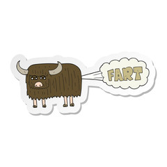 sticker of a cartoon hairy cow farting