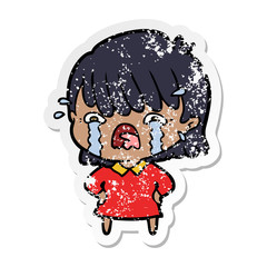 distressed sticker of a cartoon girl crying