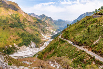 Aerial view of mountain river valley with scenic landscape near Munsiyari Uttarakhand India.