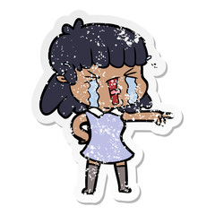 distressed sticker of a cartoon woman crying