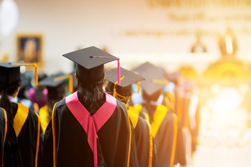 Rear view selective focus of the university graduates crowded in the graduation ceremony. The...