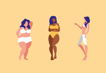 women of different sizes and races modeling underwear