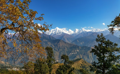 Scenic landscape view with majestic Panchchuli Himalaya snow peaks as seen from Munsiyari Uttarakhand India.