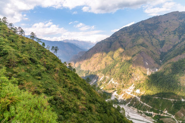 Beautiful mountain river valley with scenic landscape at Munsiyari Uttarakhand India.
