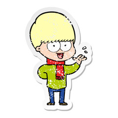 distressed sticker of a happy cartoon boy waving