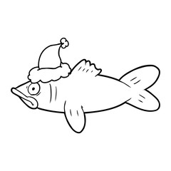line drawing of a fish wearing santa hat