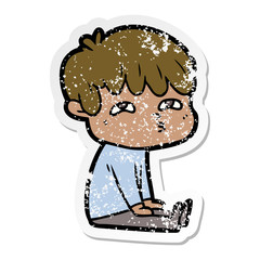 distressed sticker of a cartoon curious man