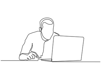 Continuous line drawing of young businessman working with laptop in an office. Make a job report. Vector