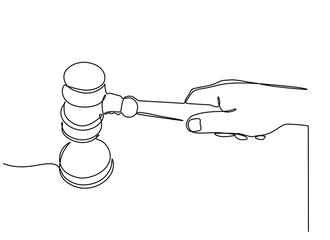 Fototapeta premium Continuous line drawing of a hammer of justice in the hands of judges. The concept of law and justice. Isolated in the background. Vector