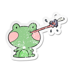 distressed sticker of a cartoon frog catching fly