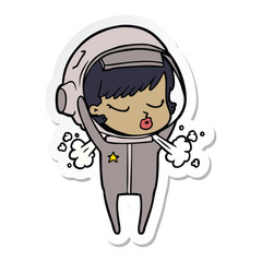 sticker of a cartoon pretty astronaut girl taking off helmet