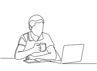Continuous line drawing of young businessman working with laptop in an office. Make a job report and a cup of coffee in hand. Vector
